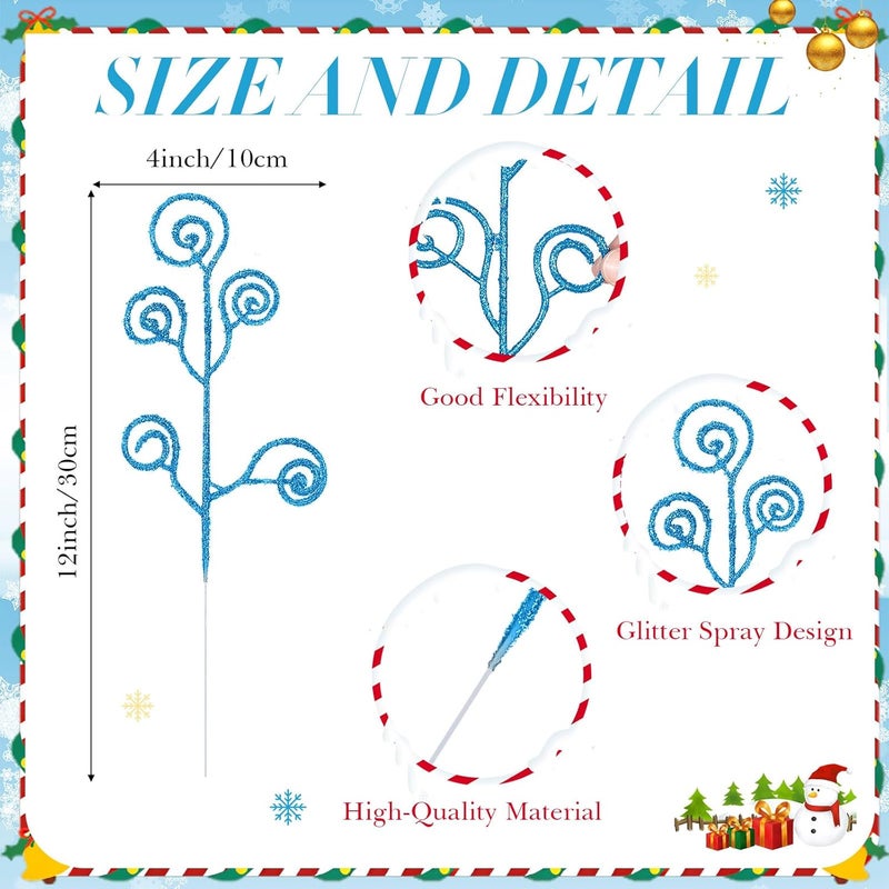 Ysleen 50 Pcs Glitter Tree Picks and Sprays Twigs Artificial Curly Stem Picks Ornaments 12 Inch Branches Sticks for Wreath Vase Fillers Valentines Gift Decoration(Blue) - Image 2